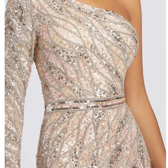 Mac Duggal Asymmetrical One Shoulder Long Sleeve Fully Sequin Gown Rose Gold - Picture 4 of 13